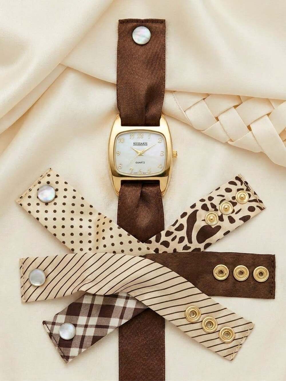 Kessaris Interchangeable Strap Watch Set Gold Tone Mother Of Pearl